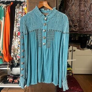 Double D Ranch Turquoise Smocked Blouse with Button Details